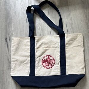 Canvas Hobo Tote in Cream and Navy with Red Logo